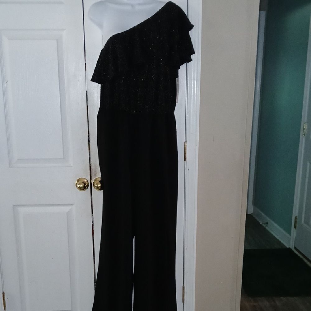 ECI New York black silver shimmer one shoulder wide leg jumpsuit Sz L NWT